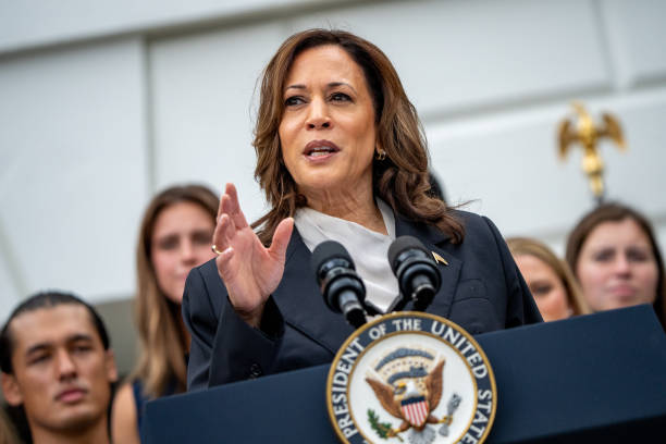 WASHINGTON, DC – JULY 21: U.S. Vice President Kamala Harris speaks during an NCAA championship teams celebration on the South Lawn of the White House on July 22, 2024 in Washington, DC. U.S. President Joe Biden abandoned his campaign for a second term after weeks of pressure from fellow Democrats to withdraw and just months ahead of the November election, throwing his support behind Harris. (Photo by Andrew Harnik/Getty Images)